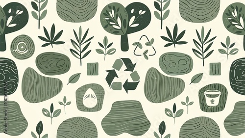 Seamless pattern with organic shapes, green tones, and natural textures, symbolizing sustainability and eco-friendly concepts. photo