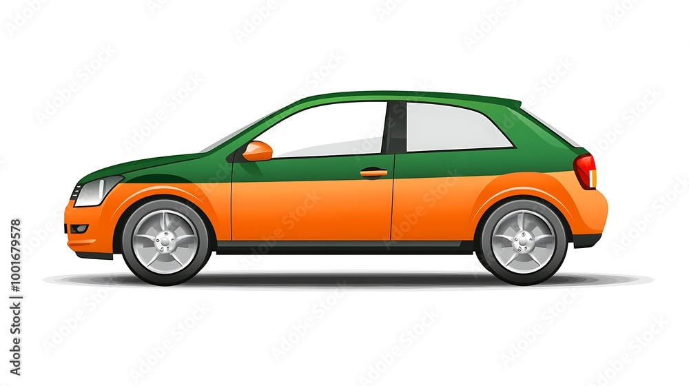 Green and Orange Small Car Side View Isolated on White Green and Orange Small Car Side View Isolated on White