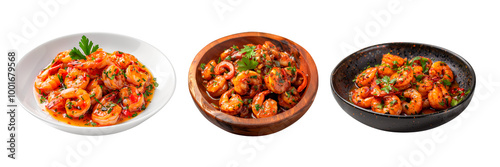 Set of garlic shrimp isolated on white or transparent background. Close-up of Garlic Shrimp in a black, white and wooden plate. Traditional spanish dish. Side view.