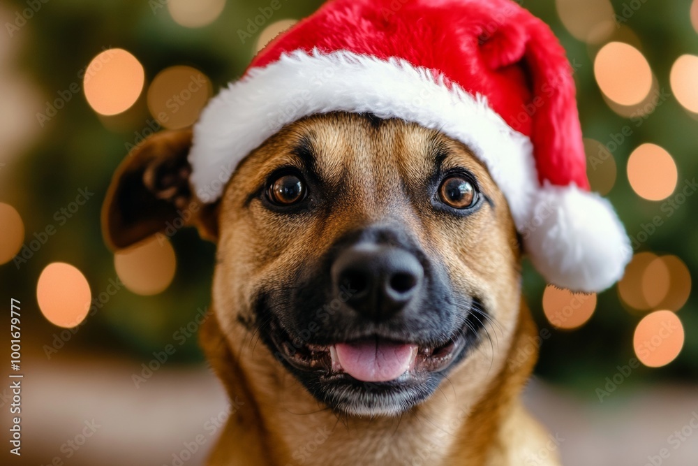 Happy dog wearing a Santa hat in front of a Christmas tree decorated with lights during the holiday season Happy dog wearing a Santa hat in front of a Christmas tree decorated with lights during the holiday season