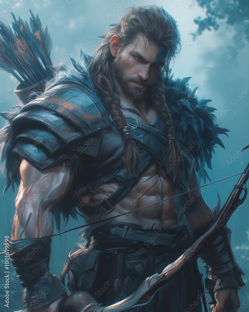 Obraz premium rugged barbarian archer amidst snowfall aims with precision in frosty terrain