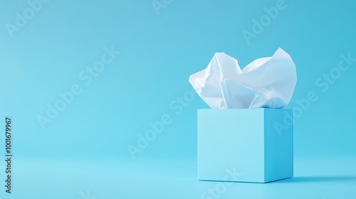 Blue square box with crumpled white tissue paper on a light blue background
