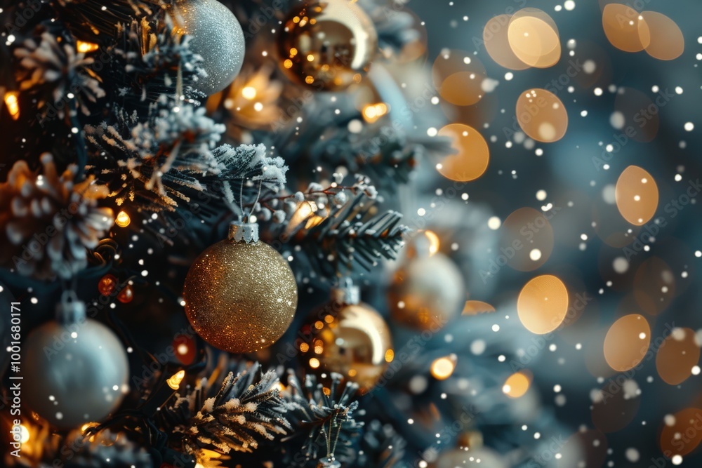 A Christmas tree with a gold ornament hanging from it, generative ai image A Christmas tree with a gold ornament hanging from it, generative ai image