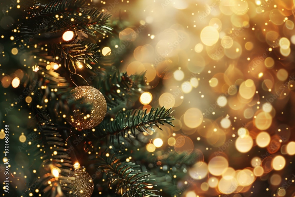 A Christmas tree with a gold ornament hanging from it, generative ai image A Christmas tree with a gold ornament hanging from it, generative ai image