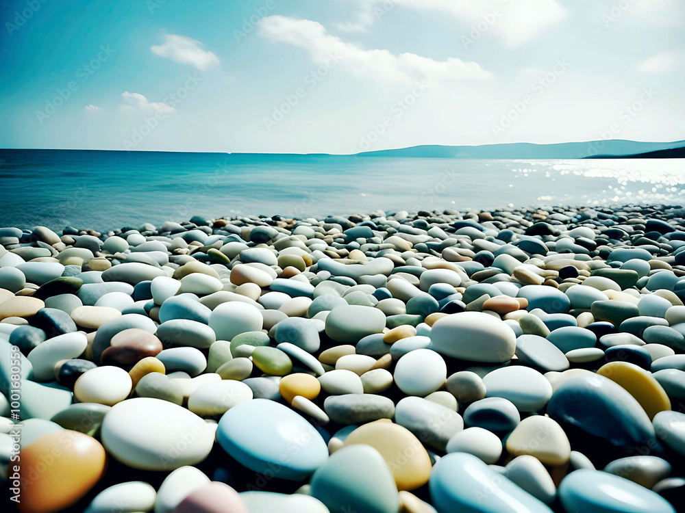 Obraz premium Vibrant, smooth pebbles of various colors lie on a scenic beach by the ocean. The sunny landscape and calm waters create a serene atmosphere.