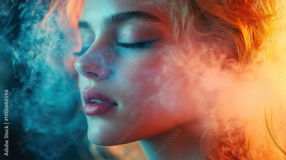A serene portrait of a woman surrounded by colorful smoke, conveying a sense of tranquility and introspection, Ideal for beauty, wellness, or artistic themes in marketing and promotional materials, A serene portrait of a woman surrounded by colorful smoke, conveying a sense of tranquility and introspection, Ideal for beauty, wellness, or artistic themes in marketing and promotional materials,