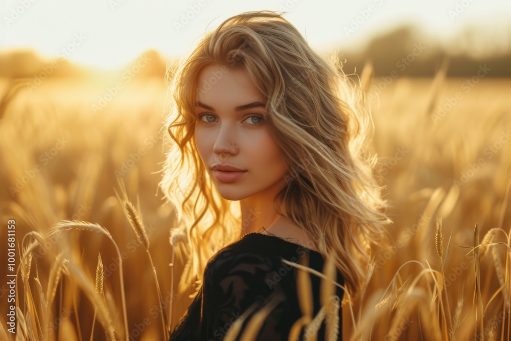 Stunning Blonde Woman in a Wheat Field at Sunset Stunning Blonde Woman in a Wheat Field at Sunset