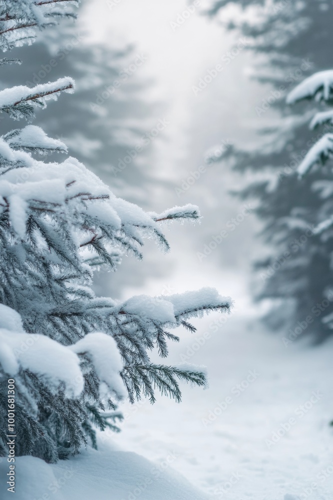 Snow-covered pine trees line a tranquil winter path in a serene forest environment during a foggy morning