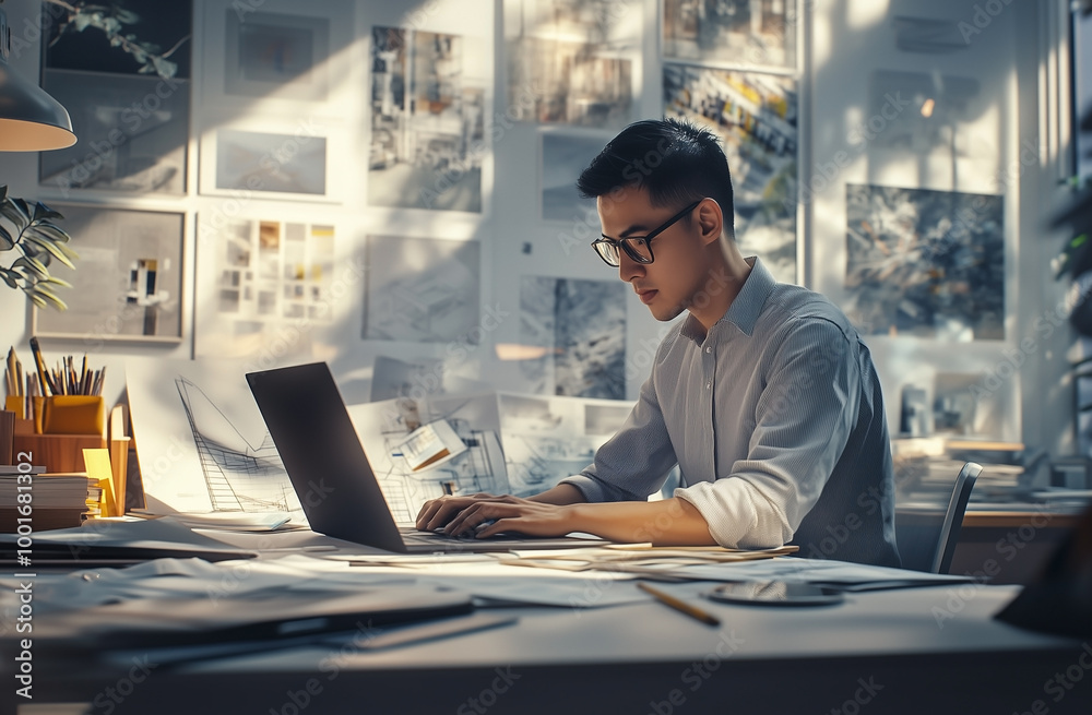 A professional photo of a man sitting at his desk in front of a laptop, wearing a shirt. A professional photo of a man sitting at his desk in front of a laptop, wearing a shirt.