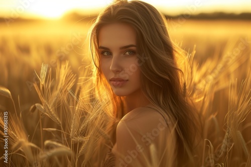 Beautiful Woman in a Wheat Field at Sunset