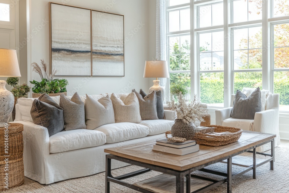 Fototapeta premium Cozy Living Room with Modern Decor and Natural Light