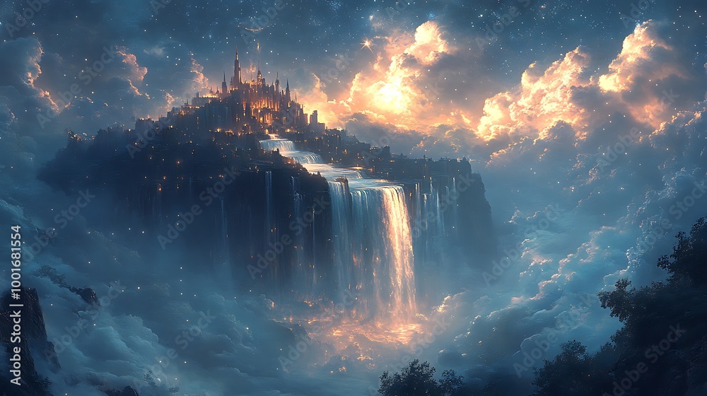 Fantasy Landscape with Floating Island, Waterfall, and Golden Clouds Fantasy Landscape with Floating Island, Waterfall, and Golden Clouds
