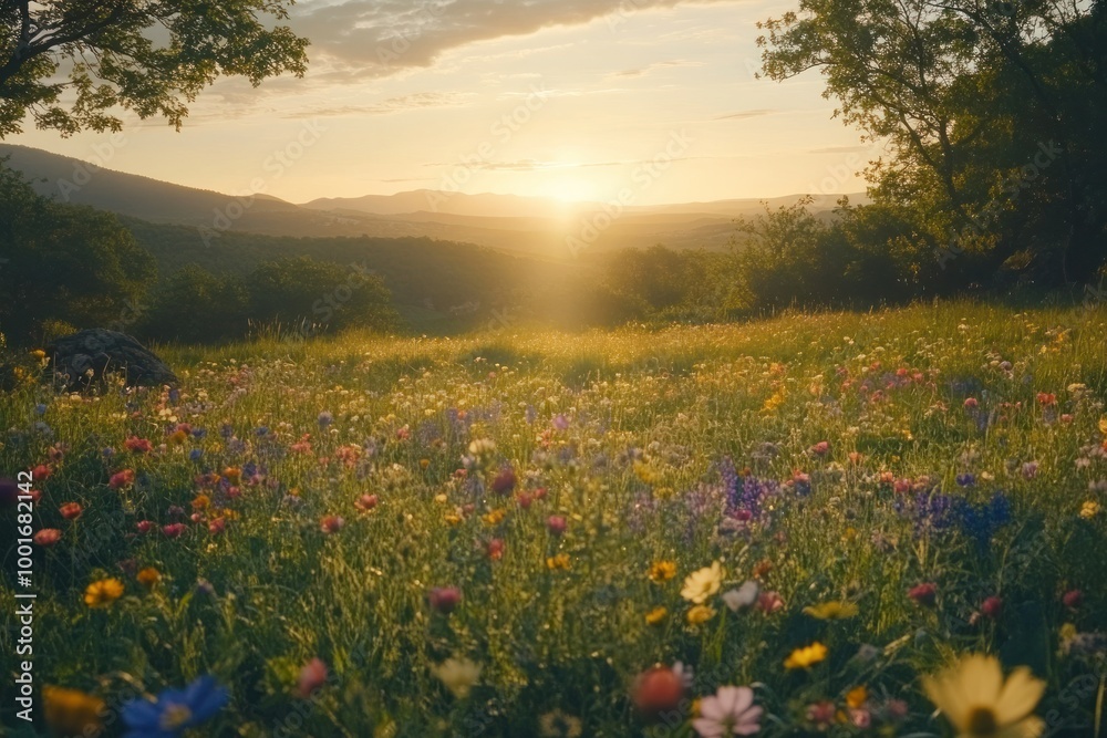 Serene Sunrise Over a Colorful Wildflower Meadow Serene Sunrise Over a Colorful Wildflower Meadow