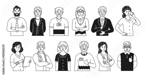 Collection Of Doodle Characters Showcasing Diverse Business And Medical Professionals In Black And White, Vector