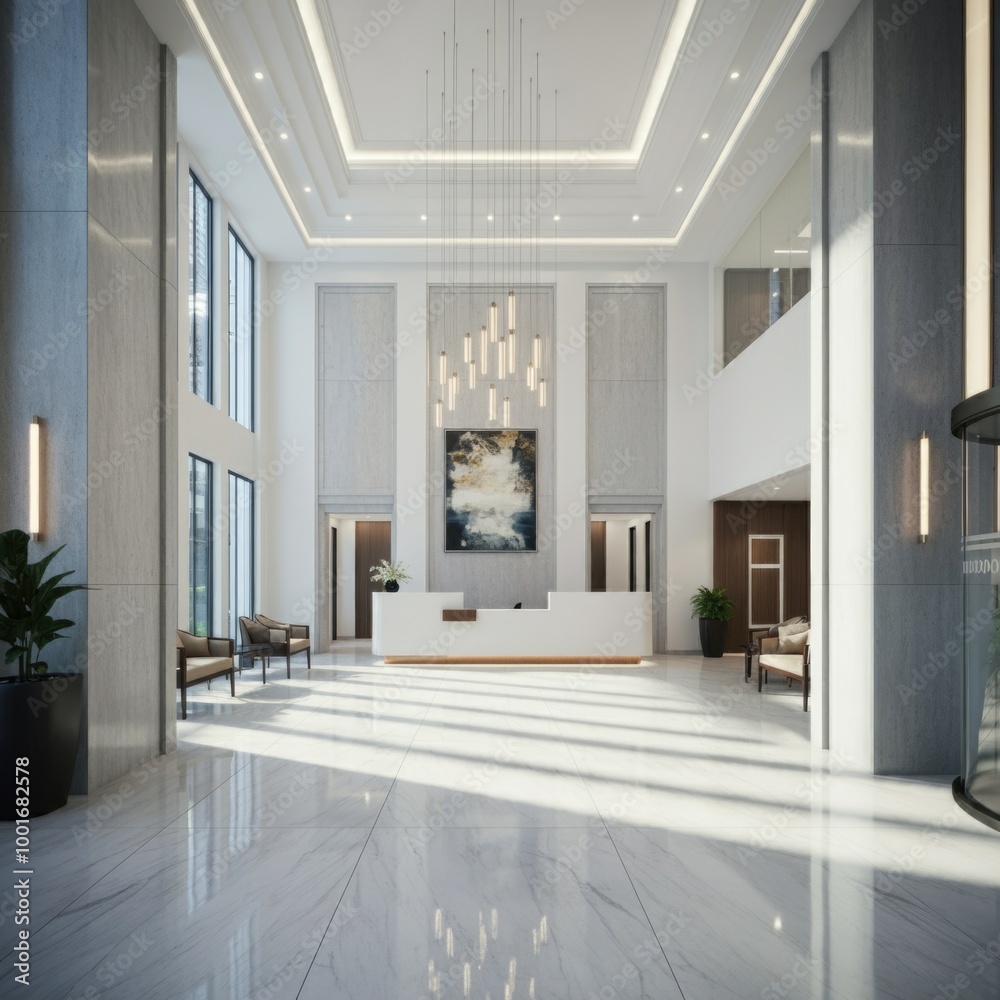 Fototapeta premium A bright office lobby with white marble floors, a glass entrance, and modern furniture, offering an elegant and spacious welcome.