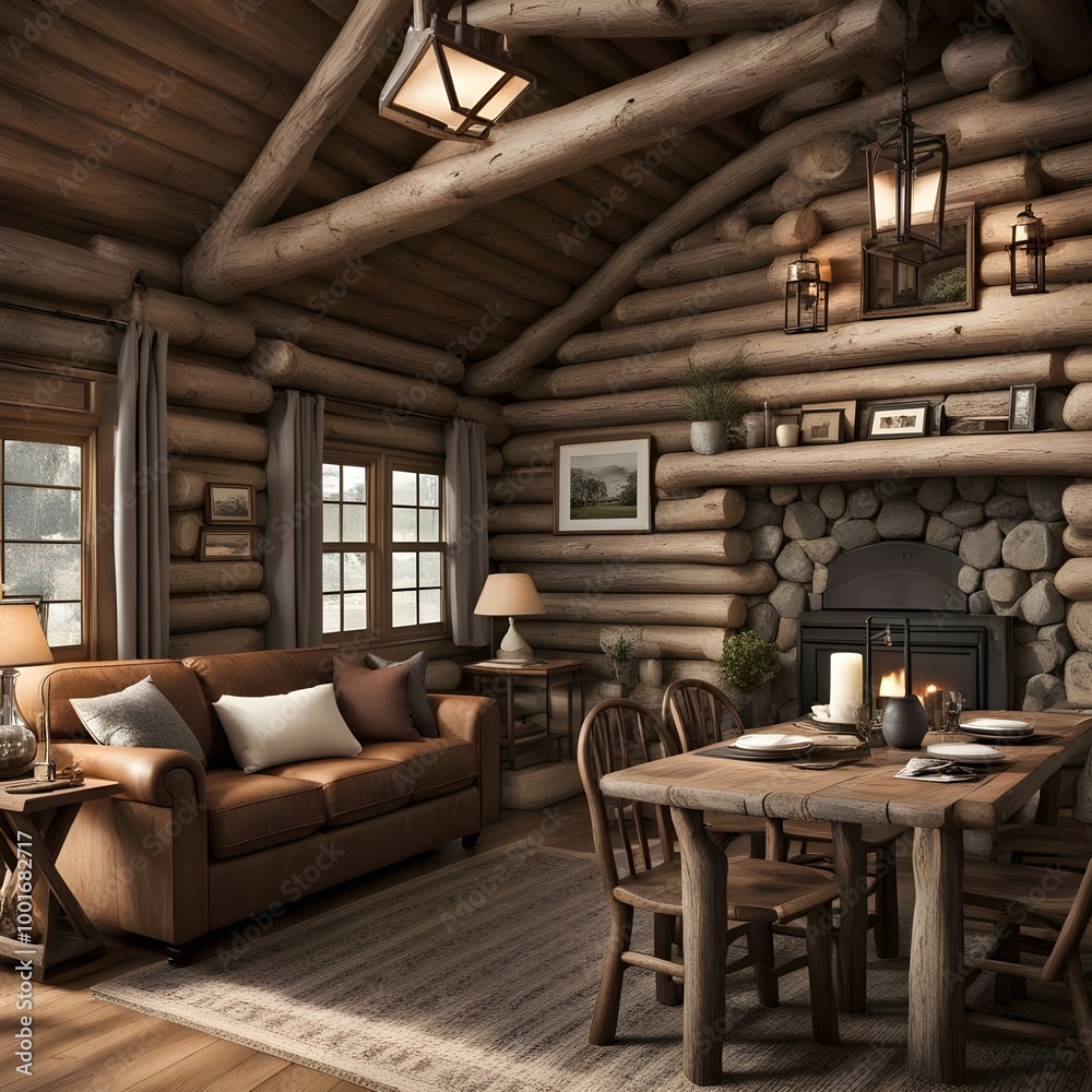 Fototapeta premium interior home design of a rustic log cabin