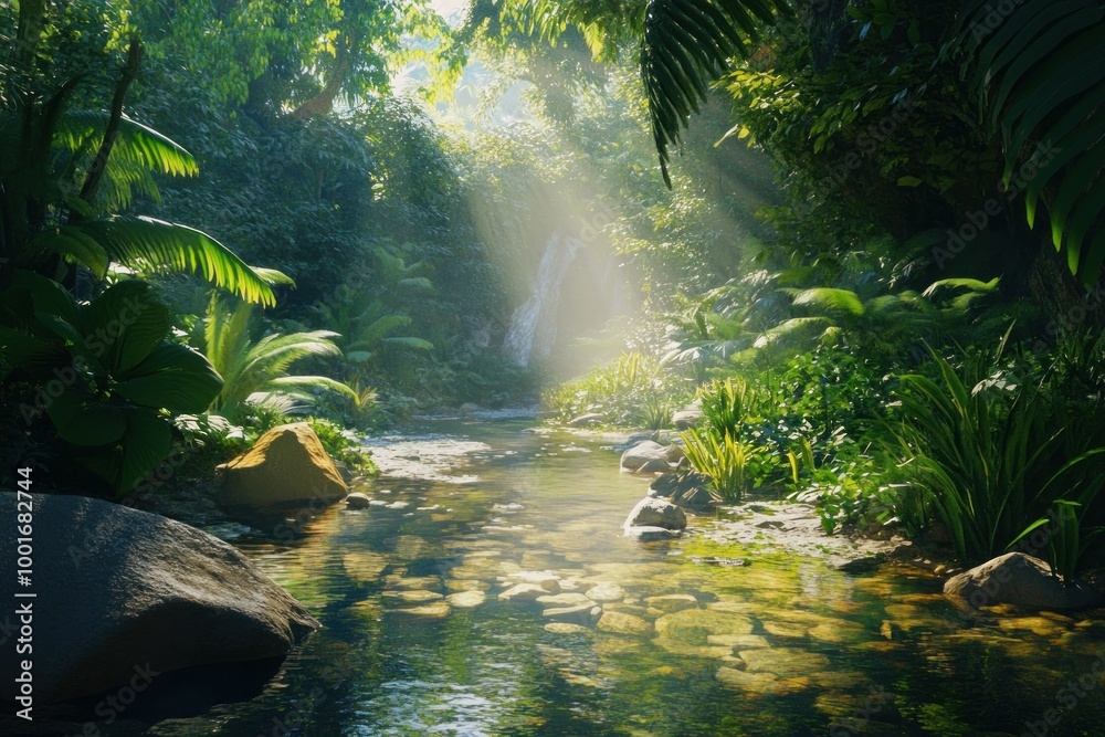 Serene Tropical Forest with Gentle Stream and Sunlight Serene Tropical Forest with Gentle Stream and Sunlight