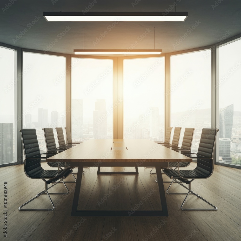 Fototapeta premium A conference room with a wooden table, black chairs, and floor-to-ceiling glass panels, offering a professional yet inviting atmosphere.