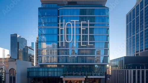 Modern Hotel Facade in Urban Landscape.