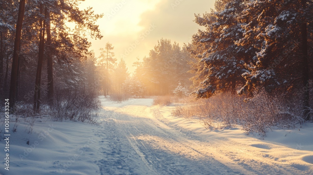 Winter sunset illuminating a snowy path through a tranquil forest during late afternoon in December Winter sunset illuminating a snowy path through a tranquil forest during late afternoon in December