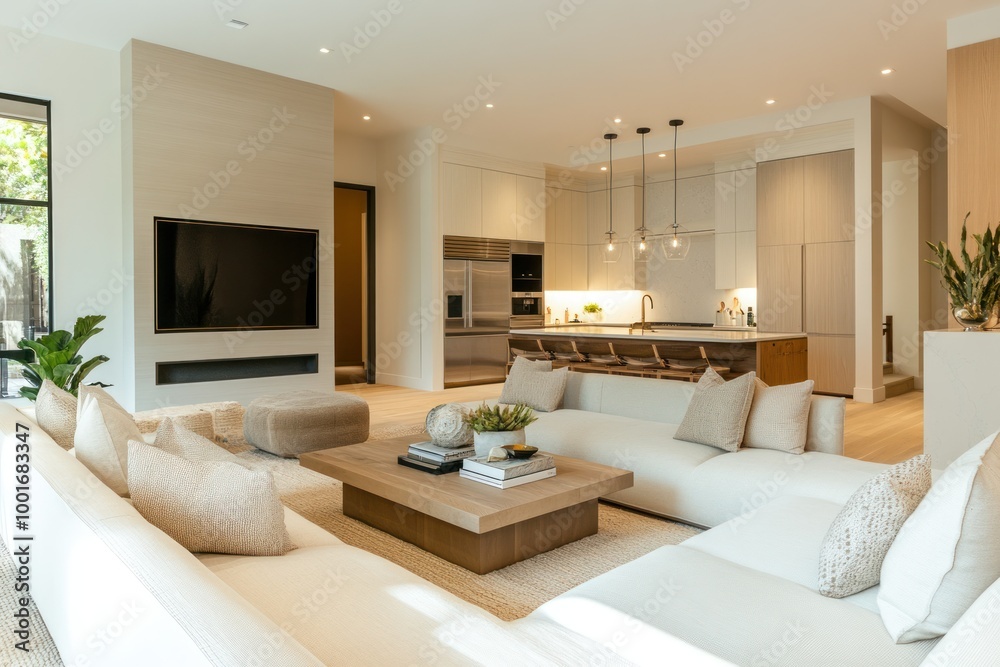 Fototapeta premium Modern Minimalist Living Room with Open Kitchen