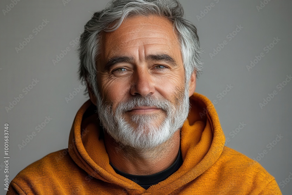 cheerful midaged man with a gray beard dressed in a casual sweatshirt smiling at the camera against a clean white backdrop embodying a relaxed and approachable vibe cheerful midaged man with a gray beard dressed in a casual sweatshirt smiling at the camera against a clean white backdrop embodying a relaxed and approachable vibe