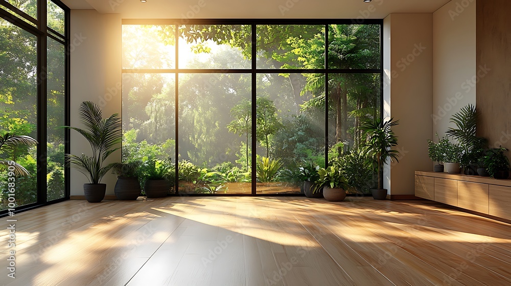Empty Room with Large Window View of Tropical Jungle and Sunbeams. Modern Interior Design Concept Empty Room with Large Window View of Tropical Jungle and Sunbeams. Modern Interior Design Concept
