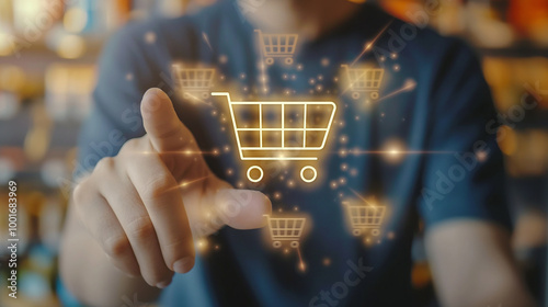 Online shopping concept. Shopping service on online application offer home delivery. Businessman touching buy now button on virtual screen photo