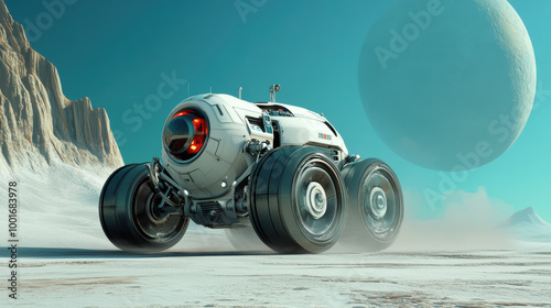 Futuristic exploration rover navigating the surface of a distant planet