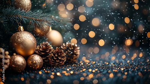 Christmas and New Year holidays background. Christmas tree with golden baubles and lights bokeh background. Space for text. Copy space. Greeting card.