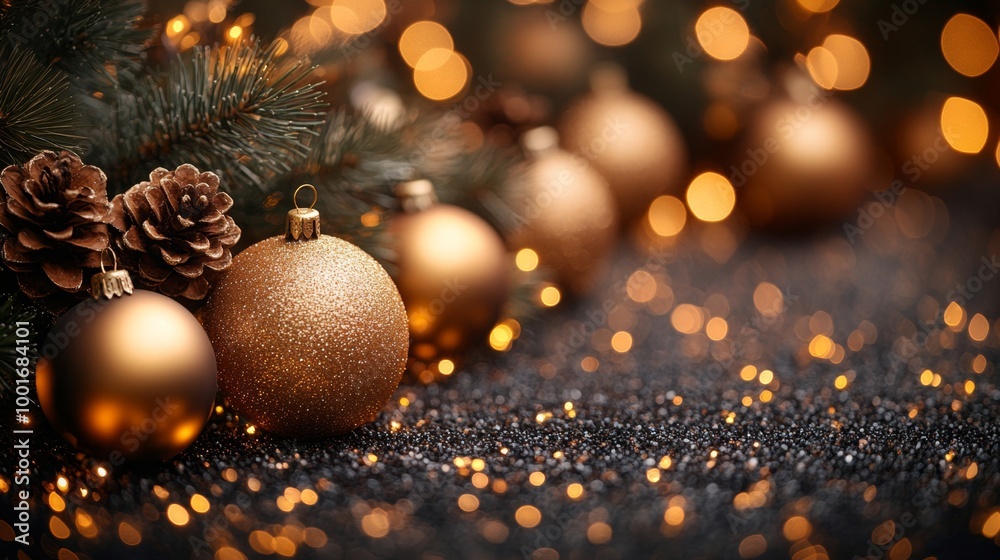 Christmas and New Year holidays background. Christmas tree with golden baubles and lights bokeh background. Space for text. Copy space. Greeting card. Artistic blur Christmas and New Year holidays background. Christmas tree with golden baubles and lights bokeh background. Space for text. Copy space. Greeting card. Artistic blur