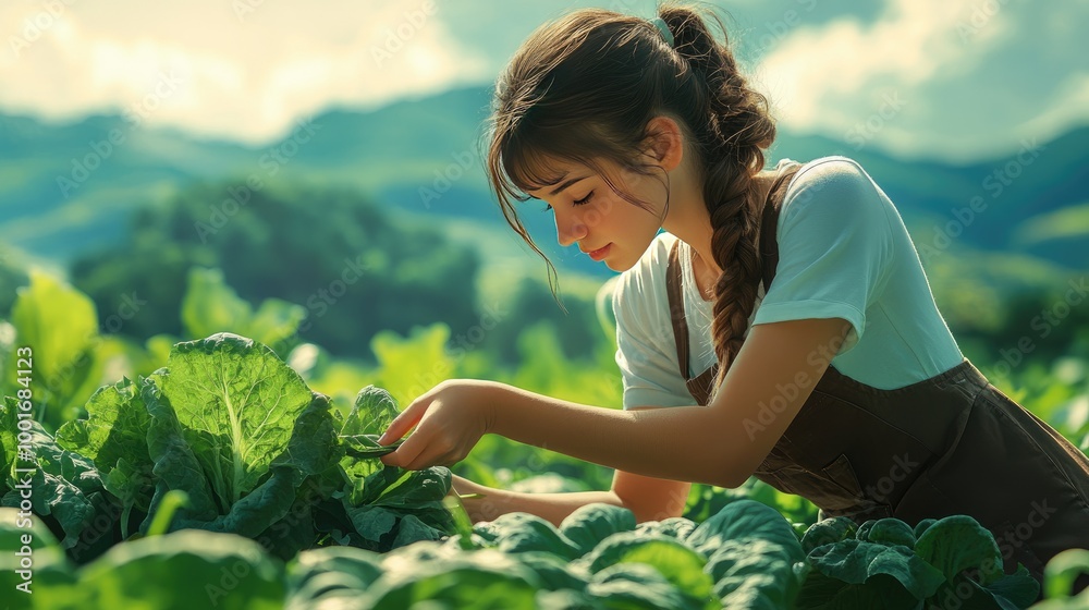 Young Woman Harvesting Organic Vegetables in Scenic Rural Farm at Sunrise Young Woman Harvesting Organic Vegetables in Scenic Rural Farm at Sunrise