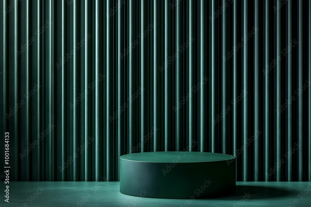 Minimalist green setting with circular pedestal against striped wall for artistic displays Minimalist green setting with circular pedestal against striped wall for artistic displays