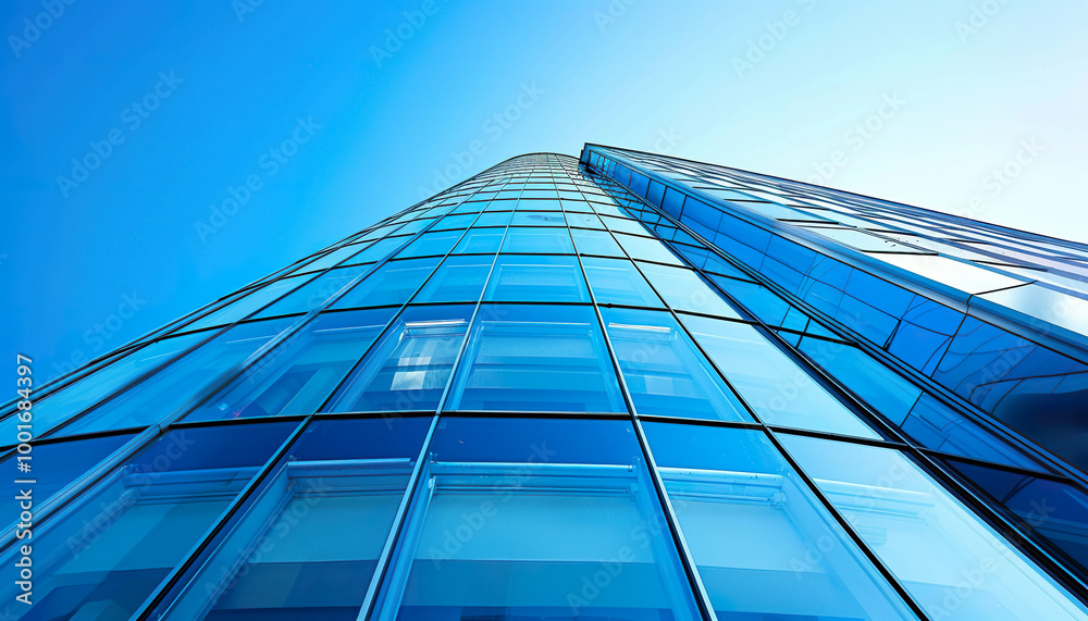 Fototapeta premium Modern skyscraper office business architecture, blue windows background with copy space. Startup, high rise building wallpaper backdrop