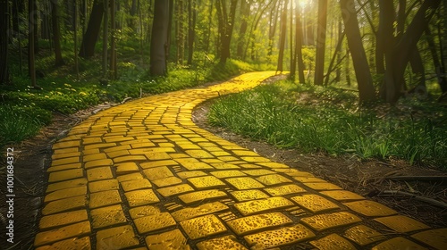 A winding yellow brick road leads through a sunlit forest, disappearing into the distance.