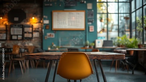 Empty chair at a rustic wooden table in a cozy cafe