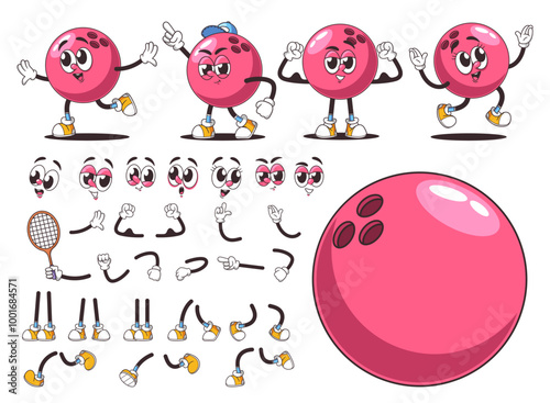 Set Of Retro Style Cartoon Bowling Ball Characters With Various Expressions And Poses, Facial Emojis And Accessories