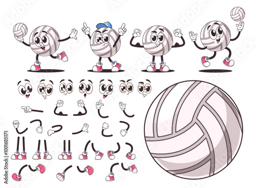 Retro Cartoon Volleyball Ball Character Constructor Featuring Various Expressions And Poses Interchangeable Eyes, Arms