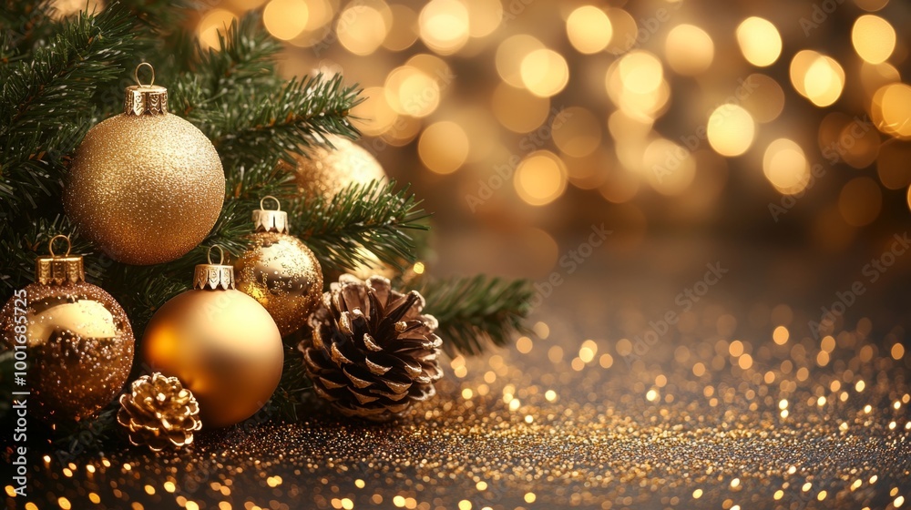 Christmas and New Year holidays background. Christmas tree with golden baubles and lights bokeh background. Space for text. Copy space. Greeting card. Christmas and New Year holidays background. Christmas tree with golden baubles and lights bokeh background. Space for text. Copy space. Greeting card.