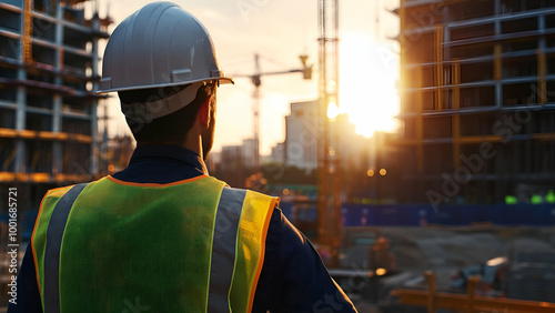 A dedicated engineer surveys the rising skyline at sunset, embodying progress and the promise of a brighter tomorrow