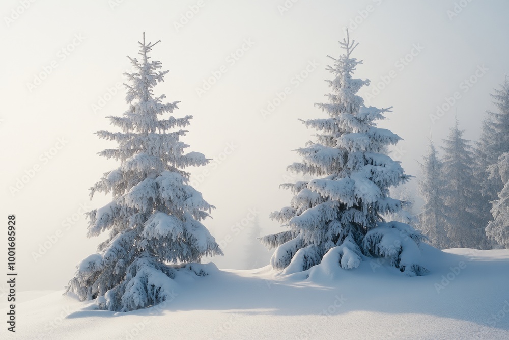 Snow-covered evergreen trees in a misty winter landscape during a serene morning Snow-covered evergreen trees in a misty winter landscape during a serene morning