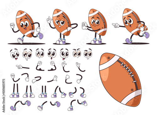 Collection Of Animated Rugby or American Football Ball Characters In Fun Retro Style With Various Expressions And Poses