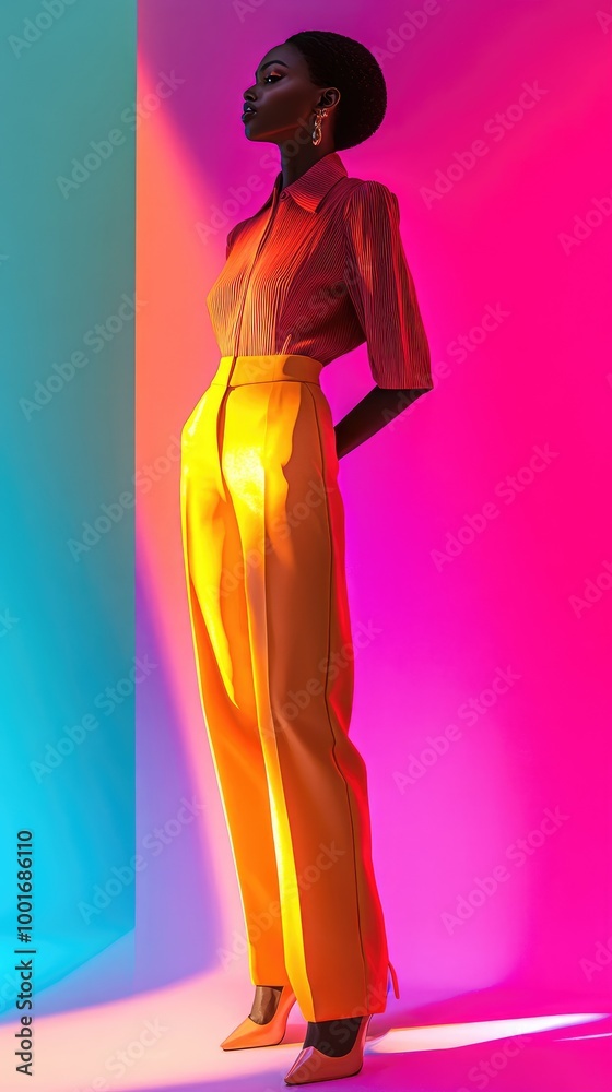 Elegant Black Female Model in Colorful Lighting Wearing Stylish High-Waisted Pants and Fashionable Blouse Elegant Black Female Model in Colorful Lighting Wearing Stylish High-Waisted Pants and Fashionable Blouse