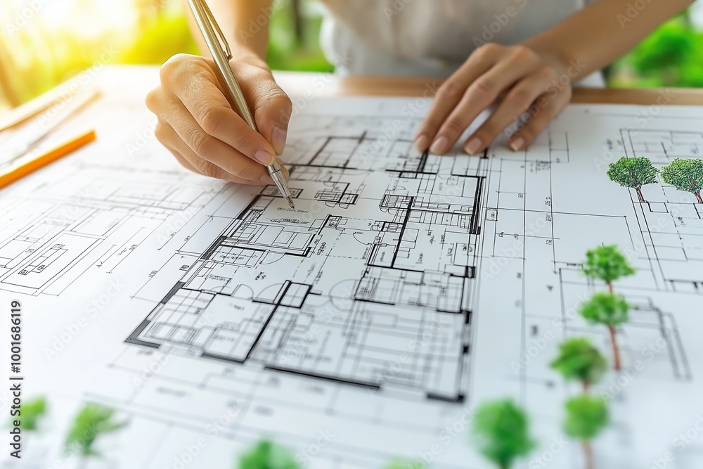 Architect Working on Detailed Building Blueprint with Pen