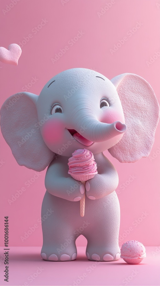 ** Adorable Cartoon Elephant Holding Ice Cream on Pink Background ** Adorable Cartoon Elephant Holding Ice Cream on Pink Background