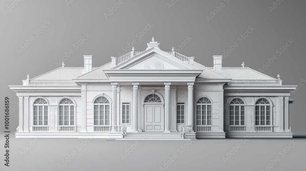 Elegant Neoclassical Mansion Model with Columns, Arched Windows, and Detailed Architectural Elements Elegant Neoclassical Mansion Model with Columns, Arched Windows, and Detailed Architectural Elements