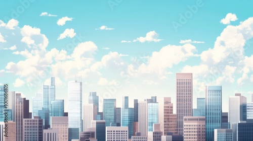 A vibrant city skyline under a bright blue sky with fluffy white clouds, showcasing modern architecture and tranquil urban beauty.