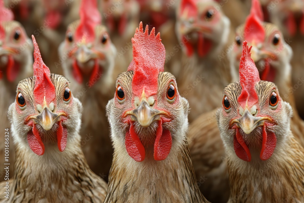Fototapeta premium close-up portraits of chickens showcasing their unique features and farm life