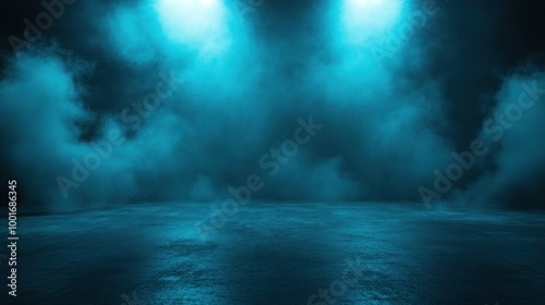 A dramatic blue foggy stage with vibrant lighting, creating an atmospheric and captivating scene.