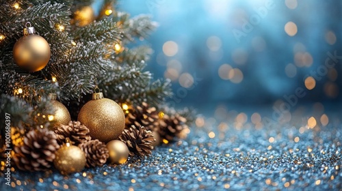 Christmas and New Year holidays background. Christmas tree with golden baubles and lights bokeh background. Space for text. Copy space. Greeting card.